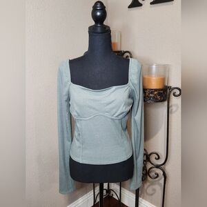 Lush Olive Ribbed Corset Style Long Sleeve Cropped Top. Size L. NWT